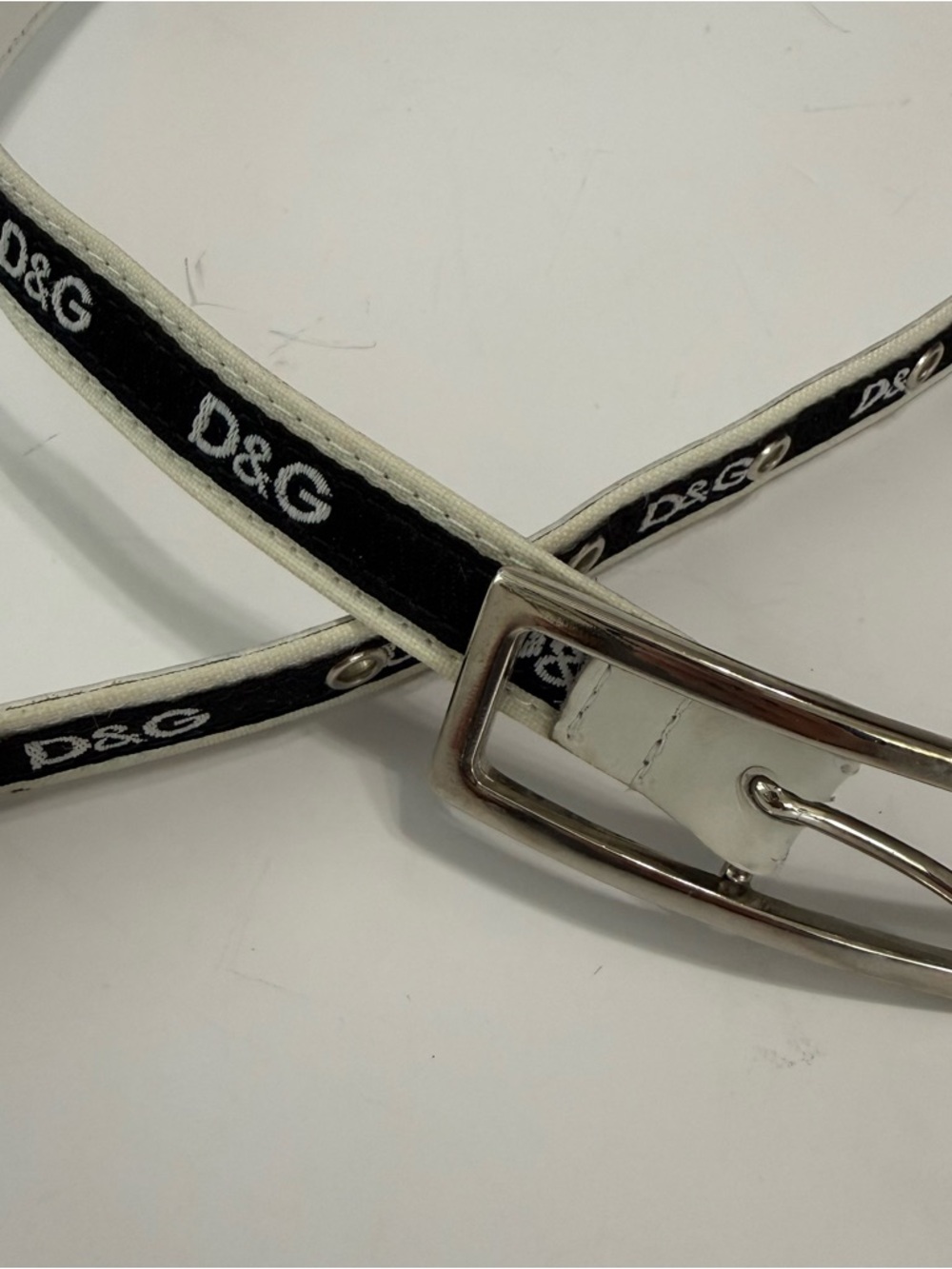 D&G Black and White Logo Leather Belt with Silver Buckle